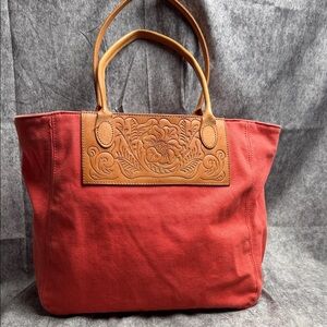Lucky Brand Red Tote with Brown Embossed Panel